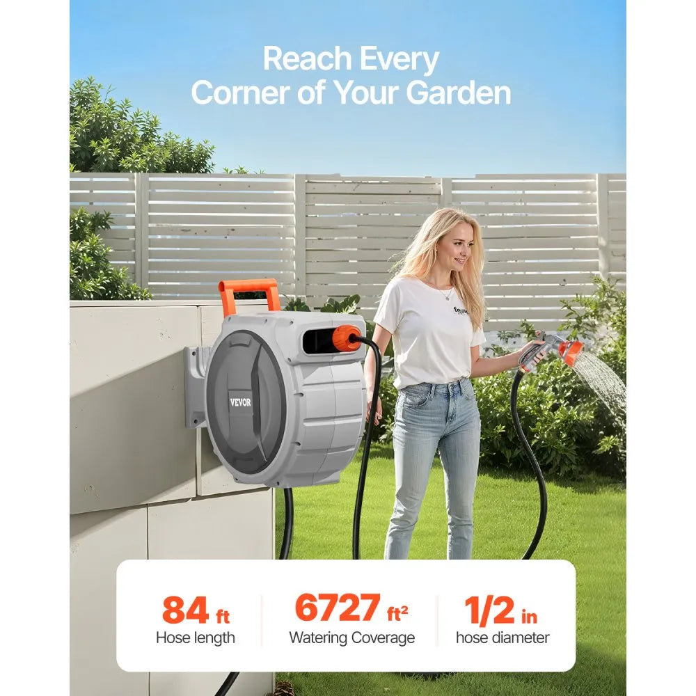 Retractable Garden Hose Reel, Auto-Rewind Wall Mounted Hose