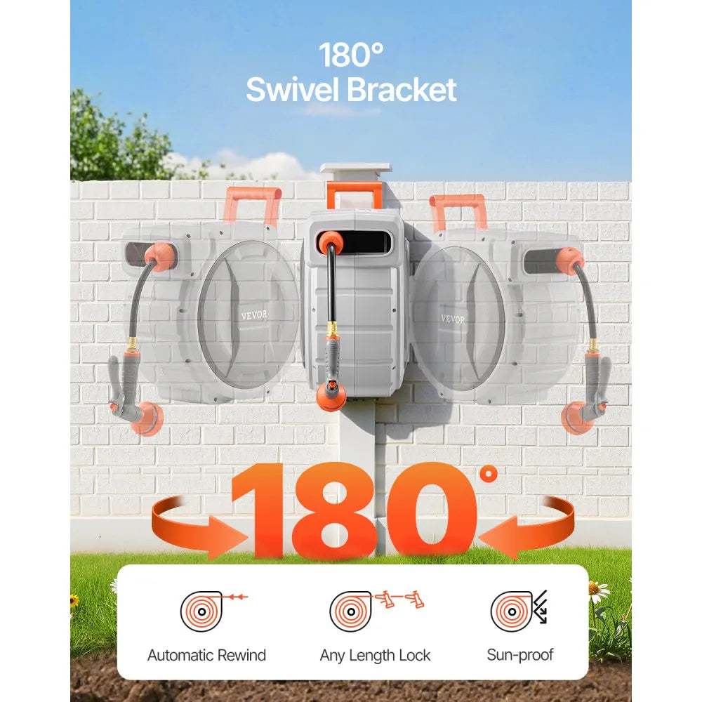 Retractable Garden Hose Reel, Auto-Rewind Wall Mounted Hose