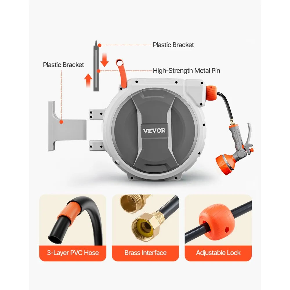 Retractable Garden Hose Reel, Auto-Rewind Wall Mounted Hose